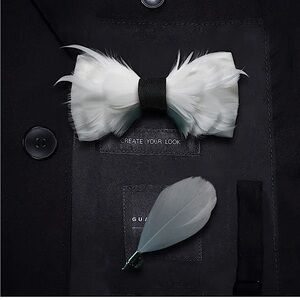 White & Black Elegant Feather Bow Tie with Lapel Pin